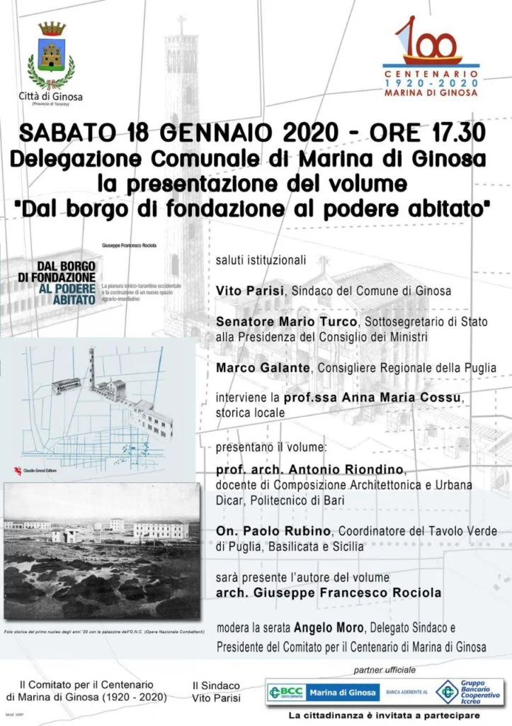 CENTENARIO, "DAL BORGO DI FONDAZIONE AL PODERE ABITATO'': PRESENTAZIONE A MARINA DI GINOSA