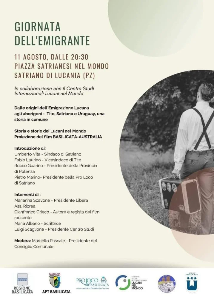 GIORNATA DELL’EMIGRANTE MARTEDÌ 11 AGOSTO 2020 - ore 20,30 SATRIANO DI LUCANIA - Piazza Satrianesi nel Mondo