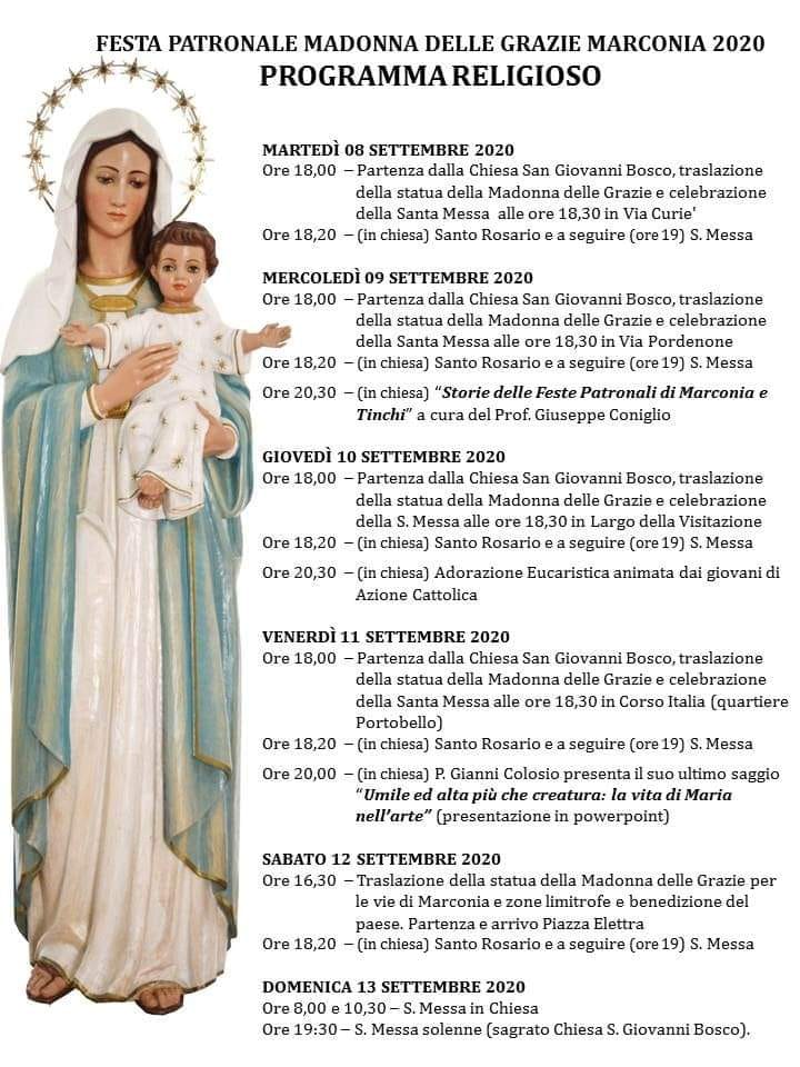 MARCONIA: SOLO RITI RELIGIOSI PER LA PATRONA MADONNA DELLE GRAZIE 8 -13 SETTEMBRE