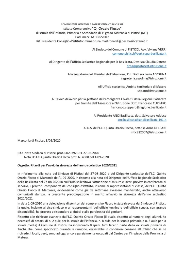 Marconia: Lettera-appello dei genitori dell'IC Quinto Orazio Flacco