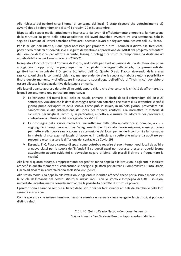 Marconia: Lettera-appello dei genitori dell'IC Quinto Orazio Flacco