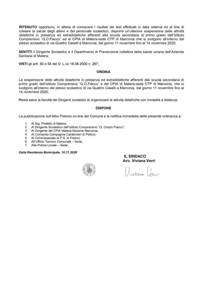 Marconia: sospensione delle attività didattiche nella scuola secondaria di primo grado di via Quattro Caselli