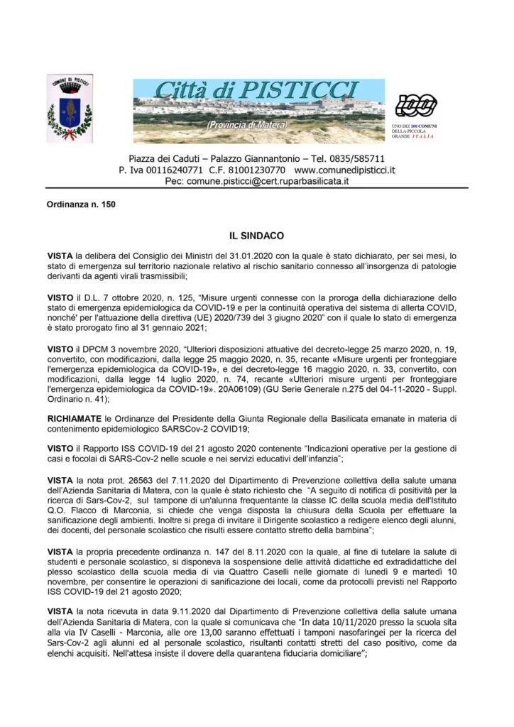 Marconia: sospensione delle attività didattiche nella scuola secondaria di primo grado di via Quattro Caselli