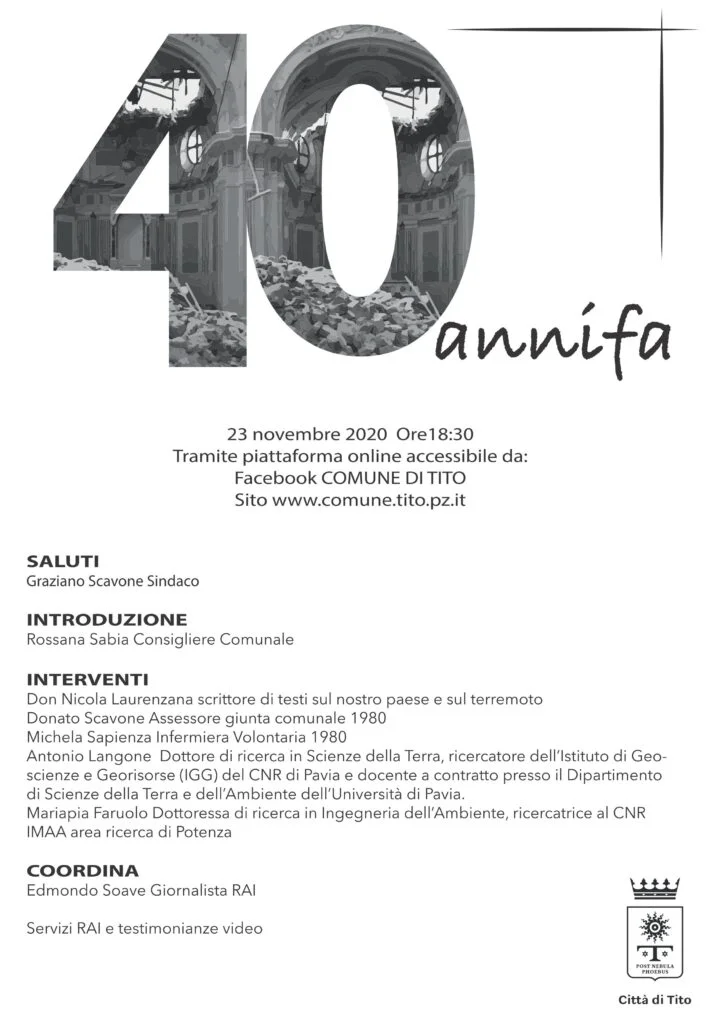 Il sisma in Basilicata. 40 anni fa. Evento online del Comune di Tito per ricordare il terremoto di Basilicata ed Irpinia del 1980.