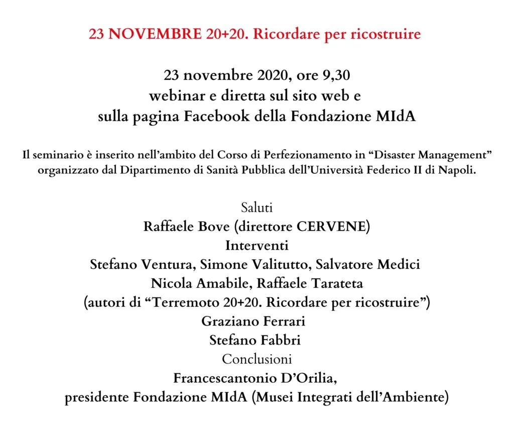 Irpinia 1980, un seminario in diretta on line “Terremoto 1980 – 2020. Ricordare per costruire”.