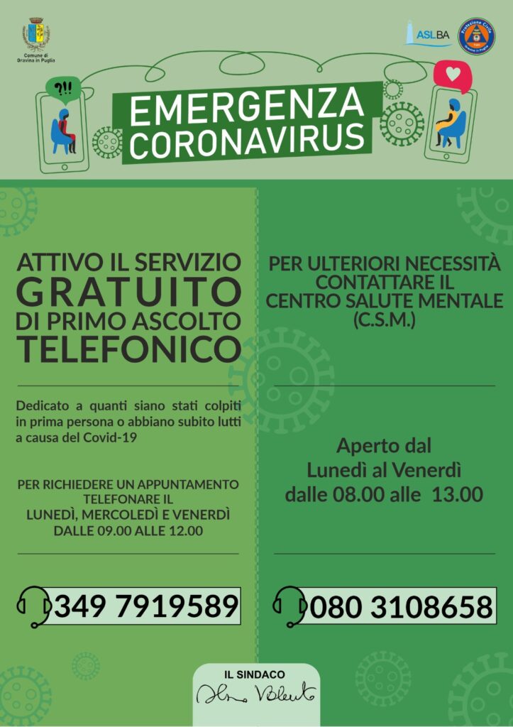Gravina in Puglia. Emergenza Covid – 19: riattivato il servizio di primo ascolto telefonico
