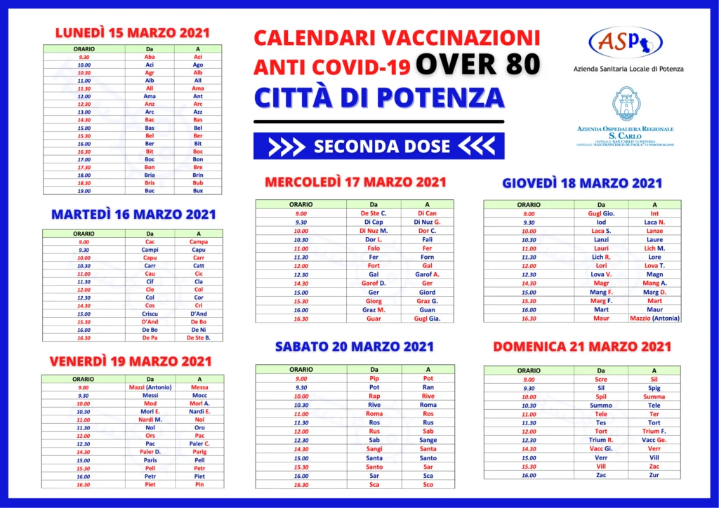 ASP. VACCINAZIONI ANTI COVID-19 “OVER 80” POTENZA: DOMANI AL VIA LA SOMMINISTRAZIONE DELLA SECONDA DOSE