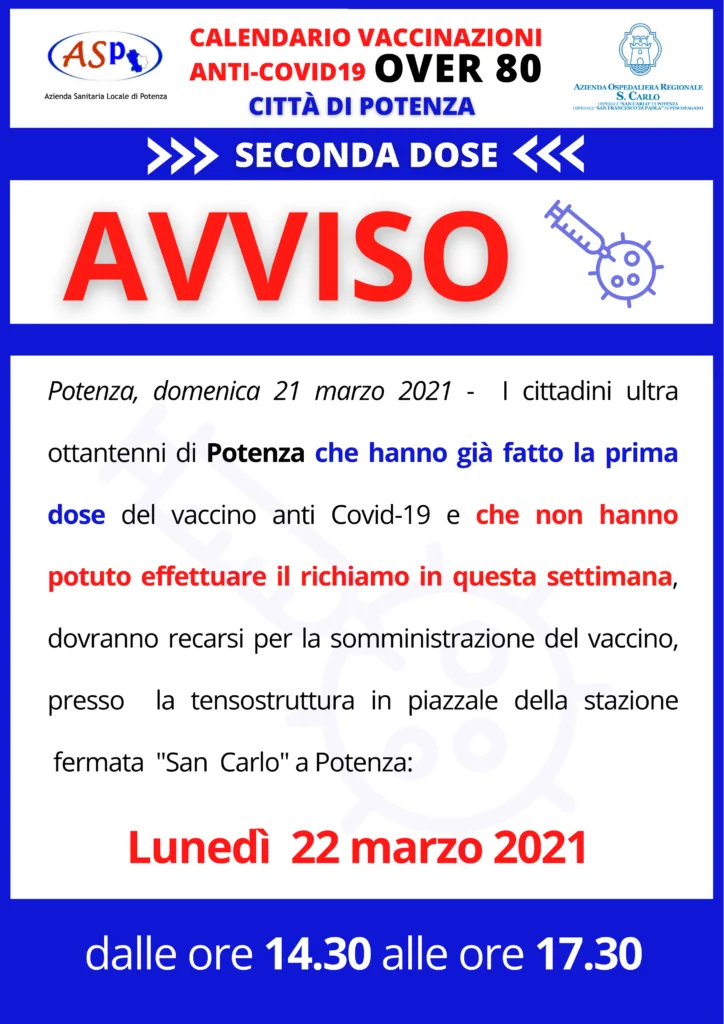ASP BASILICATA: AVVISO CAMPAGNA VACCINAZIONE "OVER 80" POTENZA