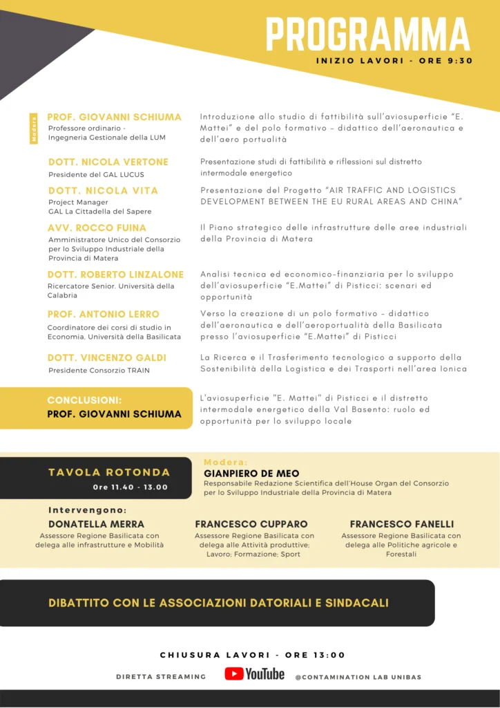Webinar “Ruolo ed opportunità di sviluppo per l’aviosuperficie E. Mattei di Pisticci e prospettive per distretto intermodale energetico della Val Basento: scenari e progettualità”