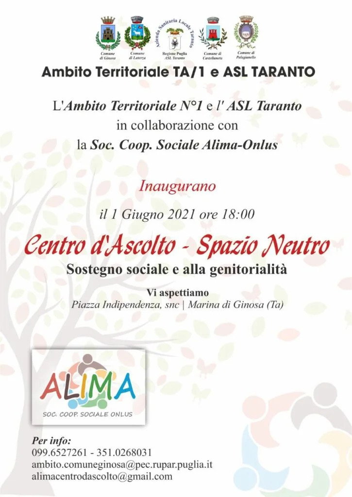 “SPAZIO NEUTRO - CENTRO DI ASCOLTO PER FAMIGLIE’’: INAUGURAZIONE SERVIZIO A MARINA DI GINOSA