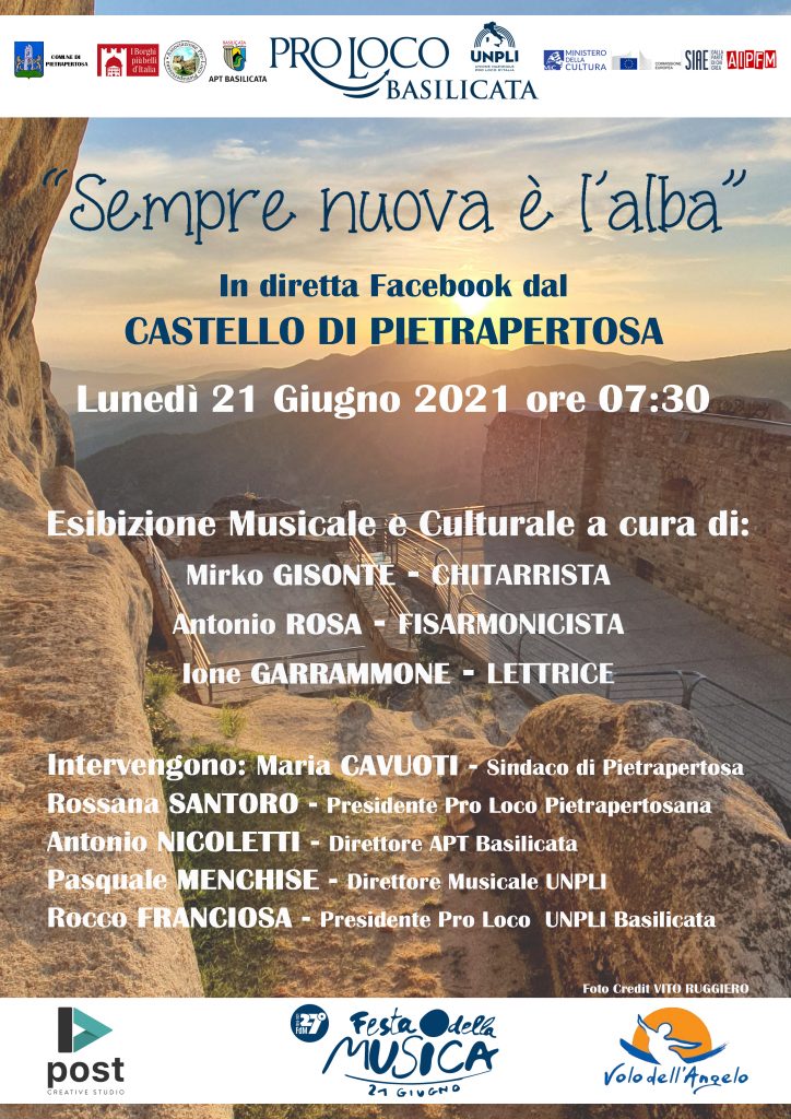 “Sempre nuova è l’alba”: evento culturale di Pro Loco Unpli Basilicata per la Festa della Musica