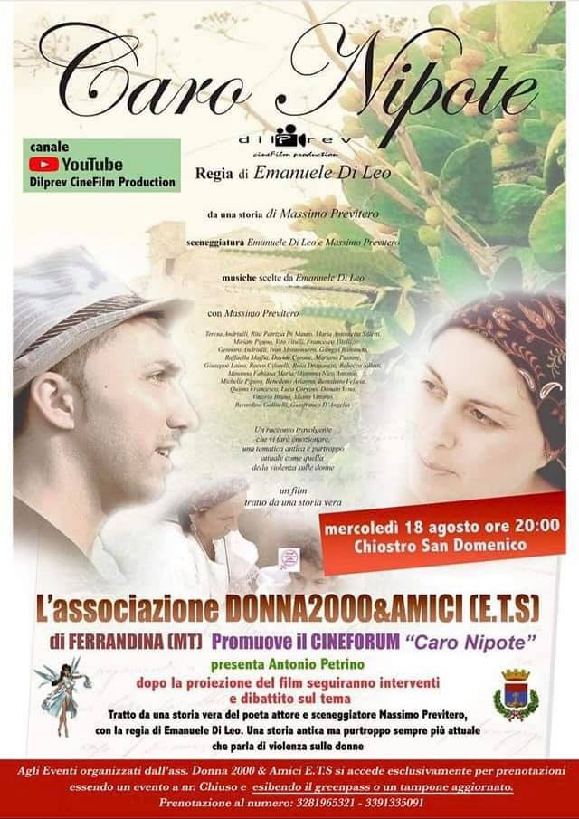 a ferrandina (mt) il cineforum con la proiezione del film 'caro nipote' con la partecipazione e presenza dell'attore e sceneggiatore lucano massimo previtero. 1 file evento caro nipote ferrandina radiolaser news matera potenza puglia basilicata