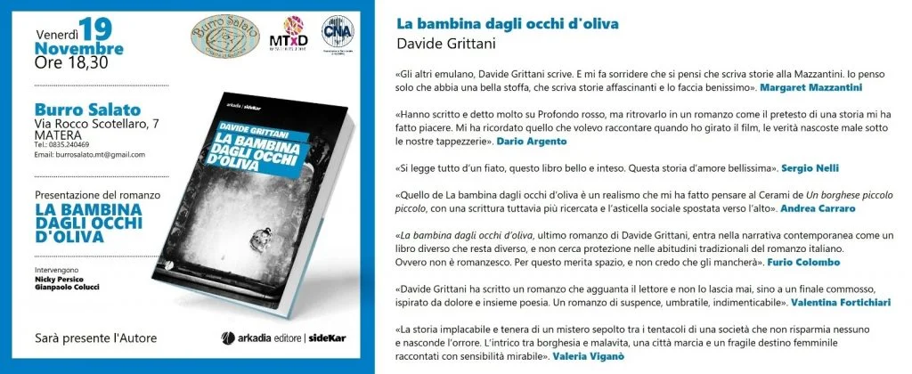 Matera: Venerdì 19 presso Burro Salato Bistrot la presentazione del libro “La Bambina dagli occhi d'oliva”