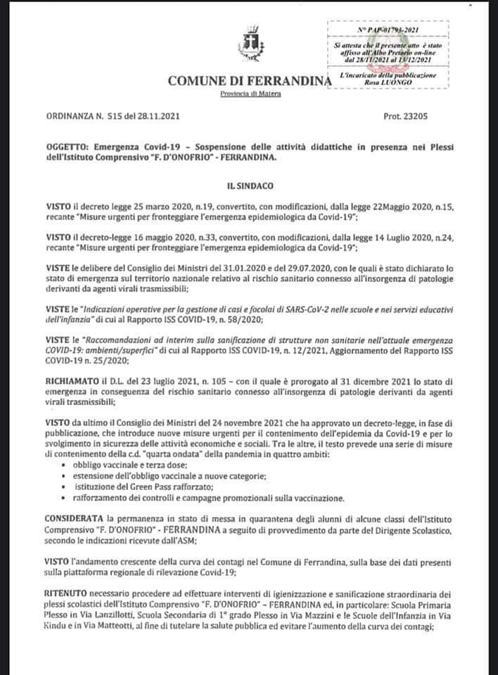 FERRANDINA: ORDINANZA SOSPENSIONE ATTIVITÀ DIDATTICHE ISTITUTO D’ONOFRIO - AGGIORNAMENTO ANDAMENTO EPIDEMIOLOGICO DEL 28 NOVEMBRE 2021