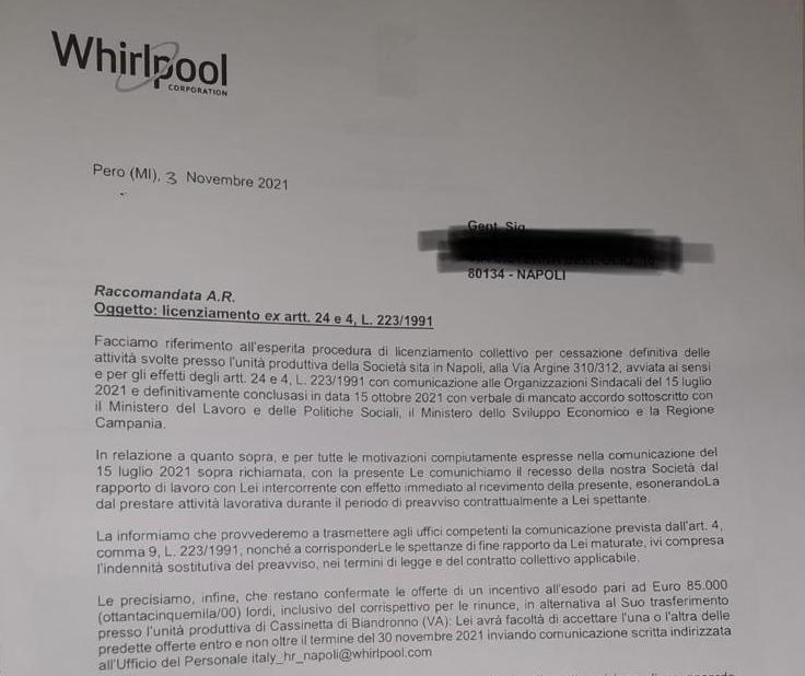 Whirlpool Napoli, Spera (Ugl):”Con l’invio delle lettere di licenziamento si scrive un’altra brutta pagina del Sud”.