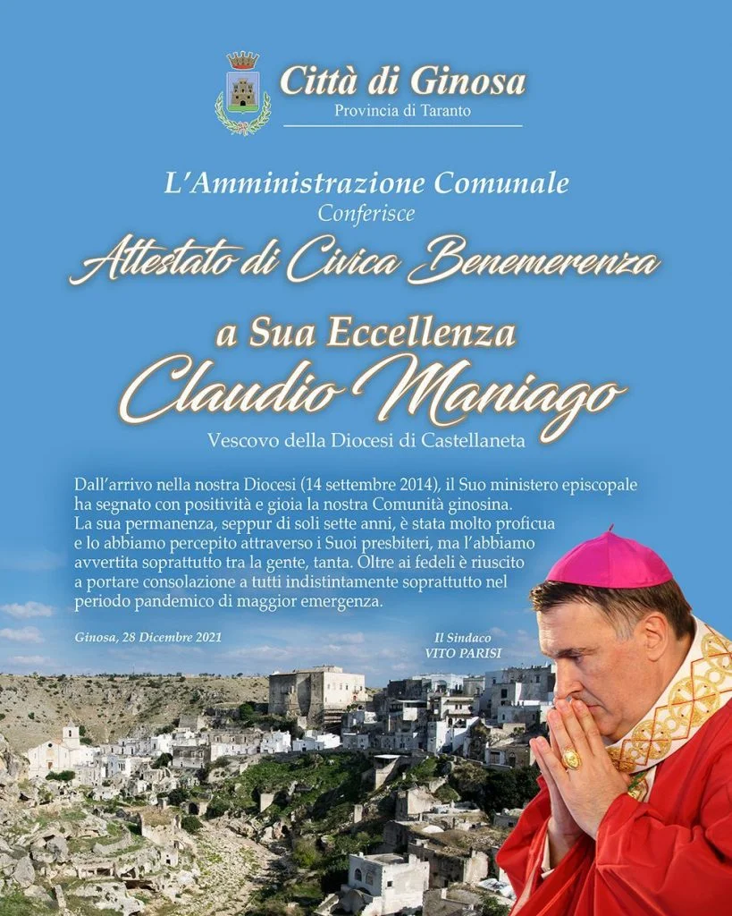 GINOSA (TA), CONSEGNATA CIVICA BENEMERENZA AL VESCOVO MONS. CLAUDIO MANIAGO