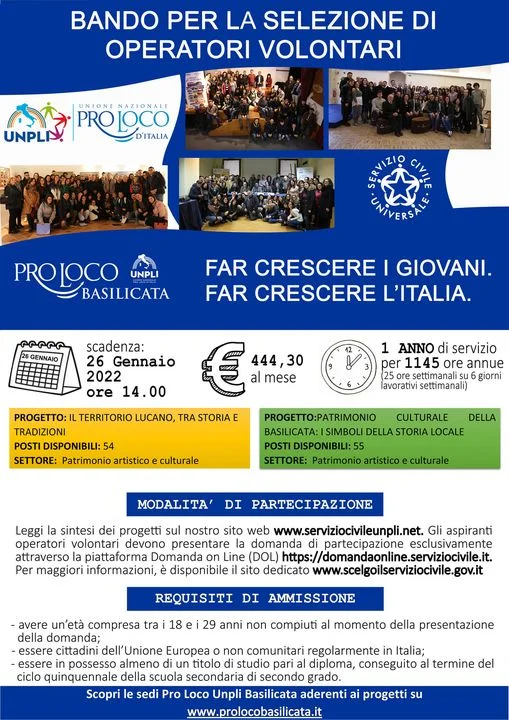 Disponibili 109 posti di Servizio Civile Universale presso le Pro Loco Unpli della Basilicata