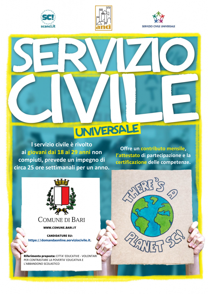 ATTIVATE OTTO POSIZIONI PER IL SERVIZIO CIVILE NELLA CITTÀ DI BARI LE CANDIDATURE ENTRO IL 26 GENNAIO