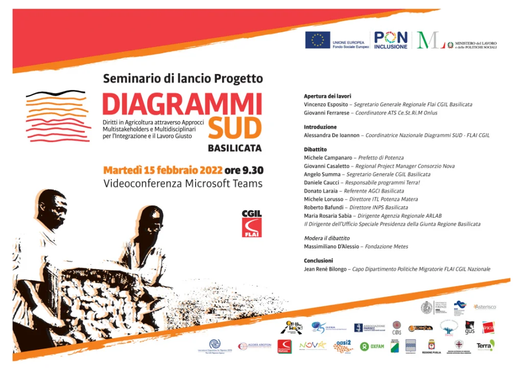 Domani martedì 15 febbraio, a partire dalle 9:30, su piattaforma Teams, si terrà il seminario di lancio regionale del progetto Di.Agr.A.M.M.I. di Legalità al Sud (Diritti in Agricoltura attraverso Approcci Multistakeholder e Multidisciplinari per l’Integrazione e il Lavoro giusto), organizzato da Flai Cgil e Consorzio Nova.