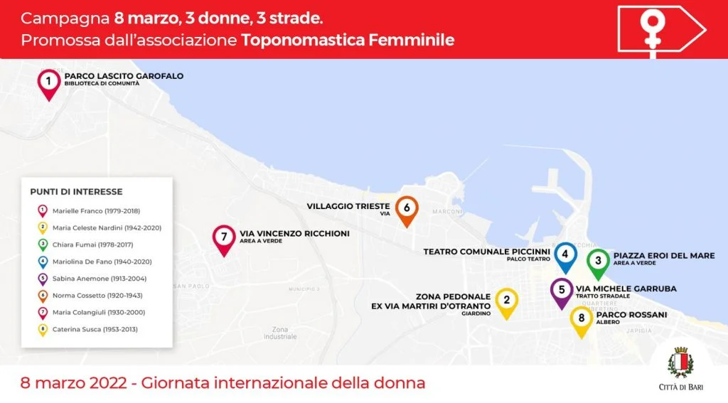 TOPONOMASTICA FEMMINILE PRESENTATI QUESTA MATTINA OTTO NUOVI TOPONIMI DEDICATI AD ALTRETTANTE DONNE NEGLI SPAZI PUBBLICI DELLA CITTÀ.