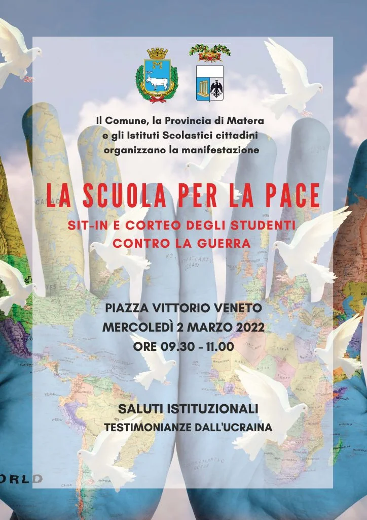 IL COMUNE DI MATERA ORGANIZZA UNA MANIFESTAZIONE A SOSTEGNO DELLA PACE CON GLI STUDENTI MATERANI E LA PROVINCIA