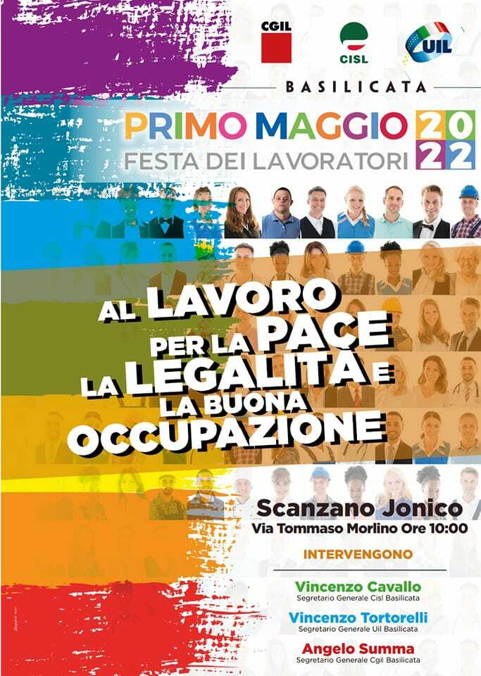 cgil cisl uil_primo maggio a scanzano jonico 1 1 maggio 2022 locandina radiolaser news matera potenza puglia basilicata