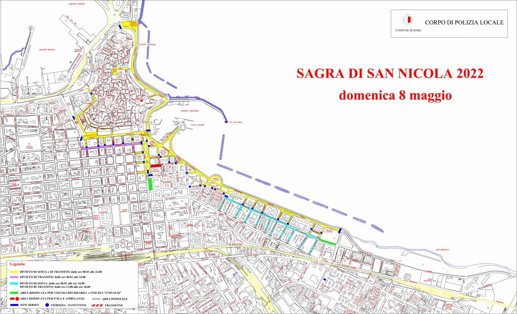 festa di san nicola 2022: i divieti al transito e alla sosta previsti dall'ordinanza della polizia locale 3 03 05 22 san nicola traffico 8 maggio radiolaser news matera potenza puglia basilicata