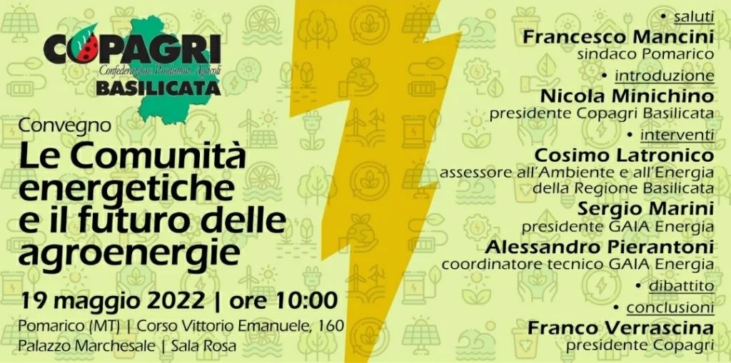 POMARICO 19 MAGGIO ORE 10 CONVEGNO SU LE COMUNITA' ENERGETICHE E IL FUTURO DELLE AGROENERGIE