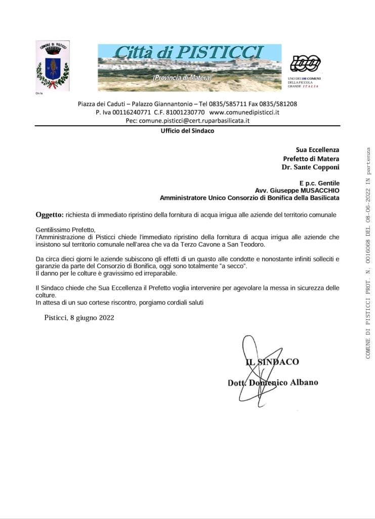 pisticci: ripristino della erogazione idrica. il sindaco scrive al prefetto