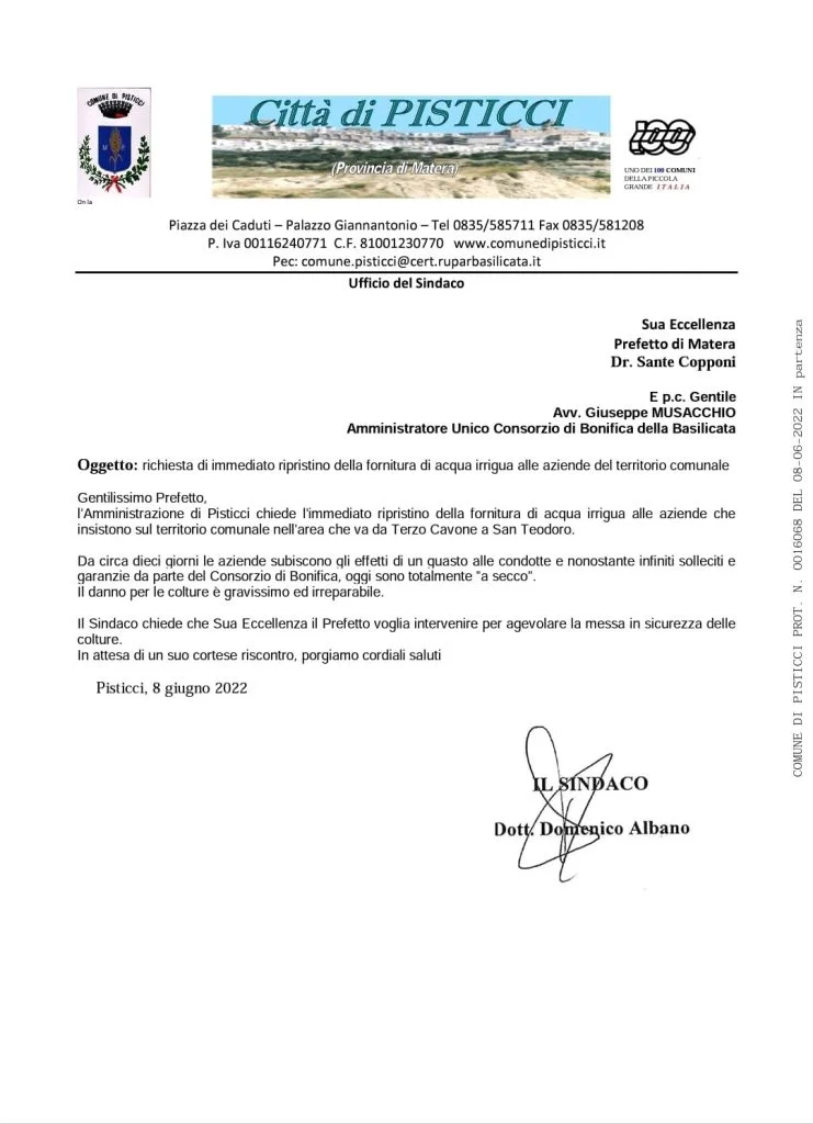 Pisticci: ripristino della erogazione idrica. Il sindaco scrive al Prefetto
