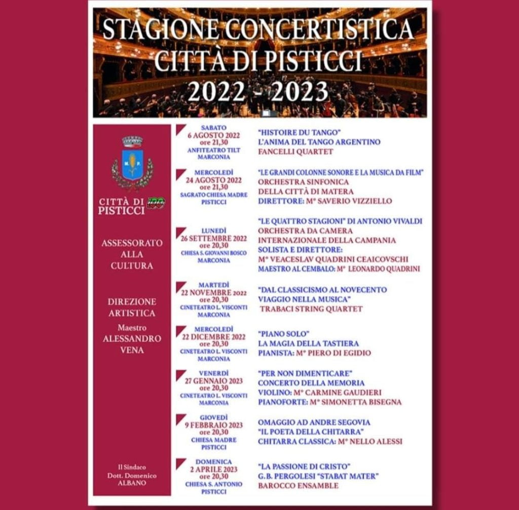 pisticci. parte la "stagione concertistica" programmata e prodotta dall'amministrazione comunale dal prossimo agosto fino a pasqua del 2023 1 fb img 1659076964986 radio laser news matera potenza puglia basilicata