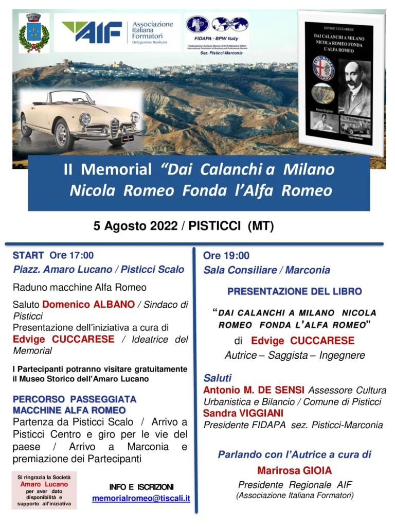 Seconda edizione del Memorial: "Dai Calanchi a Milano Nicola Romeo fonda l'Alfa Romeo", dall'omonimo libro di Edvige Cuccarese.