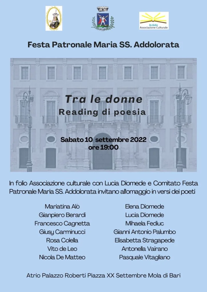Tra le donne Reading di poesia Sabato, 10 settembre 2022 ore 19.00 Palazzo Roberti, Mola di Bari