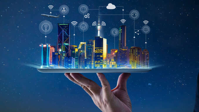 Waiter,Hand,Holding,An,Empty,Digital,Tablet,With,Smart,City