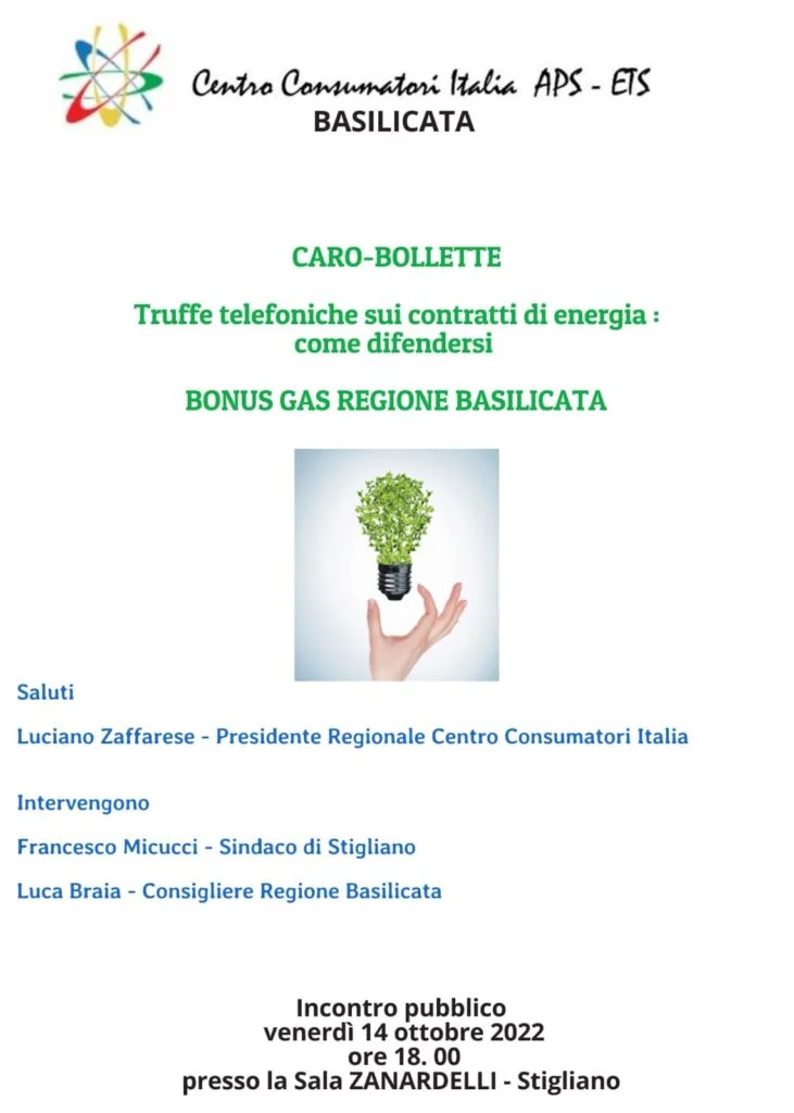 Caro energia e bonus gas, convegno a Stigliano venerdi 14 ottobre