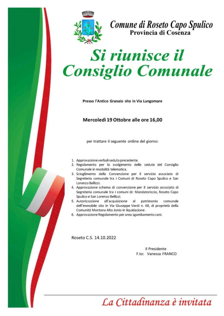 Roseto Capo Spulico. Convocato consiglio Comunale