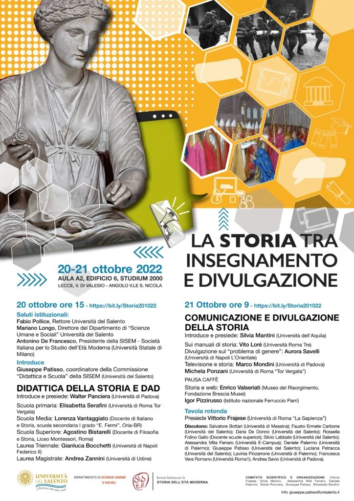 “LA STORIA TRA INSEGNAMENTO E DIVULGAZIONE”: IL 20 E 21 OTTOBRE 2022 INCONTRO NAZIONALE A UNISALENTO DELLA “SOCIETÀ ITALIANA PER LA STORIA DELL’ETÀ MODERNA”