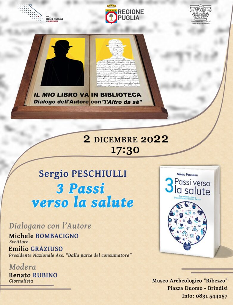 <strong>“Il mio libro va in biblioteca. Dialogo dell’autore con l’Altro da sé”. Al Museo Ribezzo si presenta il libro “<em>Tre passi verso la salute</em>”.</strong>