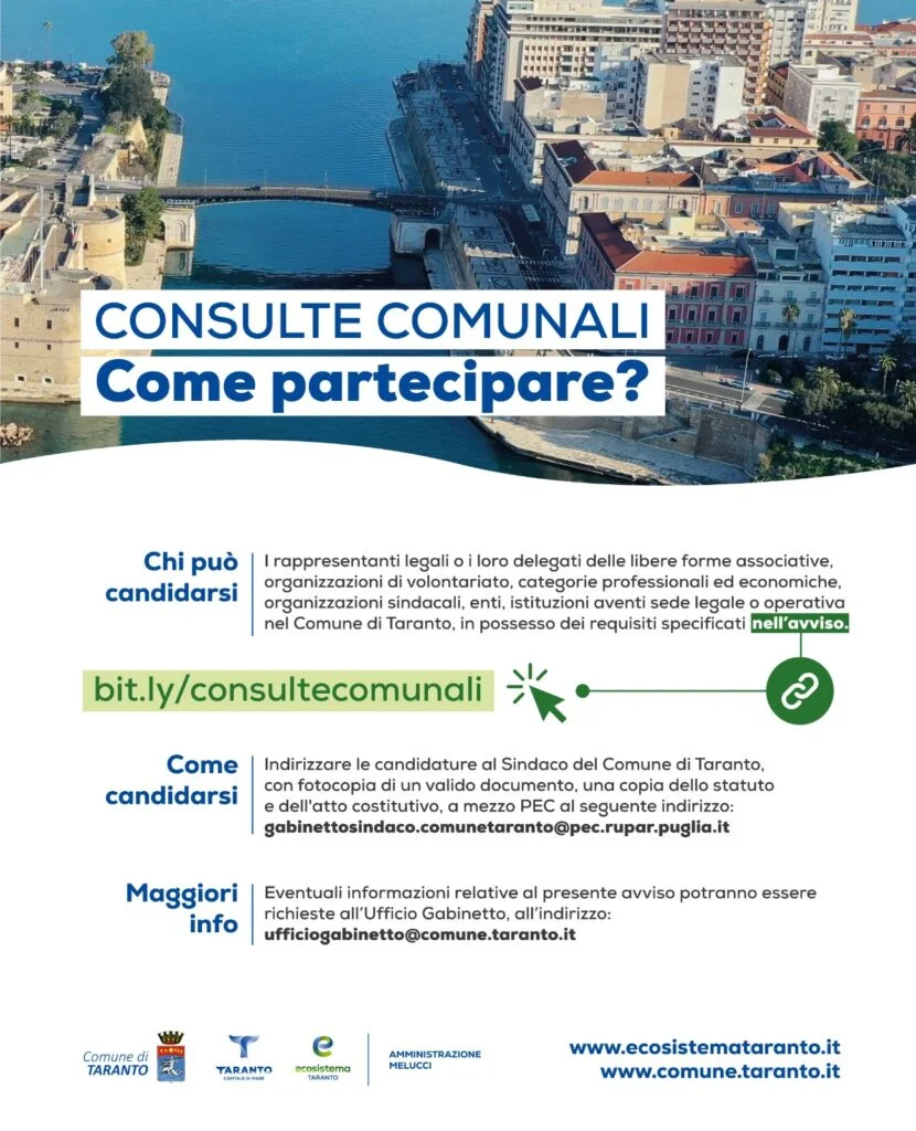 Taranto. Pronto l’avviso per la costituzione delle consulte comunali. Melucci: «Rilanciamo con la partecipazione»