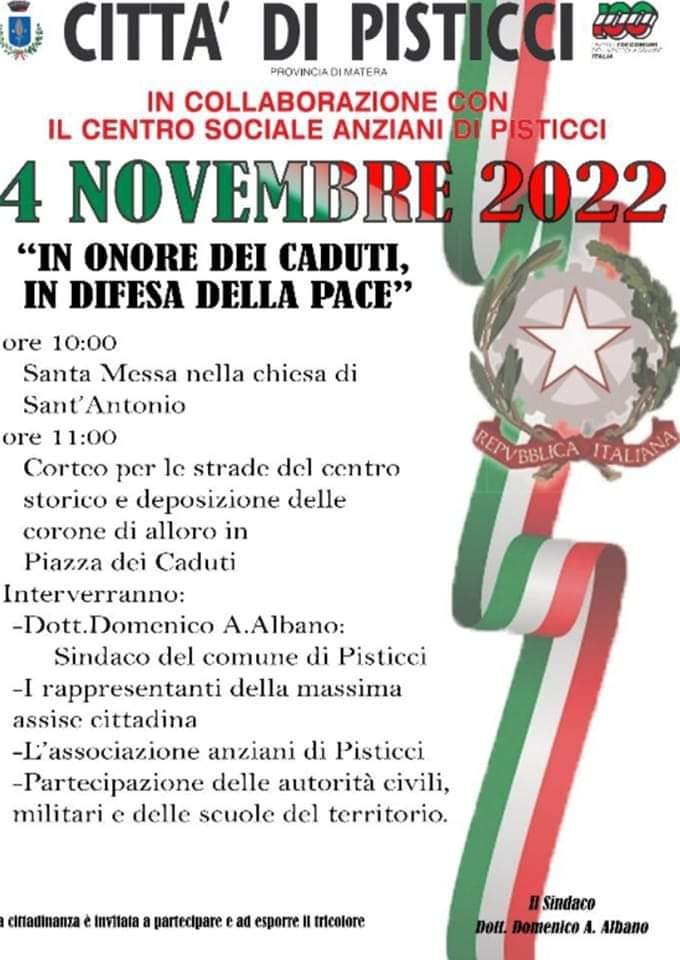 Pisticci. 4 novembre le tradizionali cerimonie commemorative.