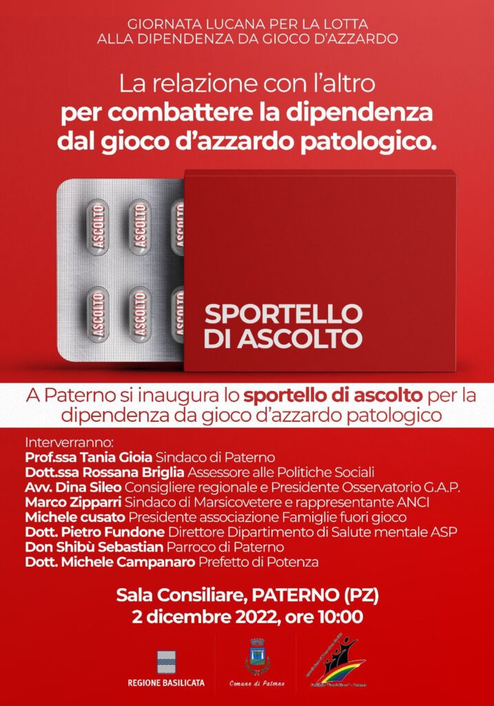 <strong>giornata regionale contro gioco d’azzardo, a paterno si inaugura lo sportello d’ascolto.</strong> 1 locandina 1 1 radio laser news matera potenza puglia basilicata