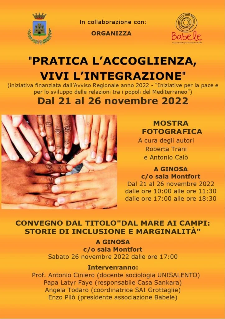 “PRATICA L’ACCOGLIENZA, VIVI L’INTEGRAZIONE’’, L’INIZIATIVA A GINOSA: MOSTRE FOTOGRAFICHE E DIBATTITI
