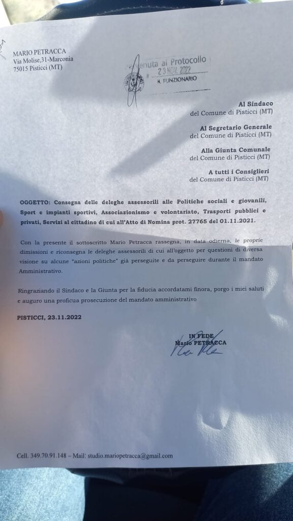 pisticci. l'assessore mario petracca ha rassegnato le proprie dimissioni 1 whatsapp image 2022 11 23 at 10.30.48 radiolaser news matera potenza puglia basilicata