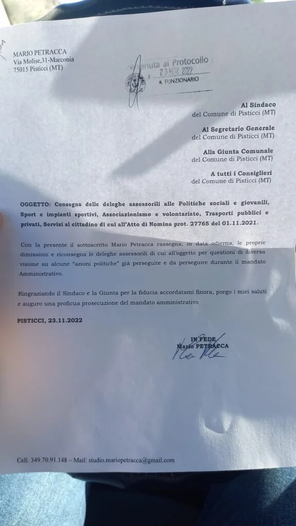 Pisticci. L'assessore Mario Petracca ha rassegnato le proprie dimissioni