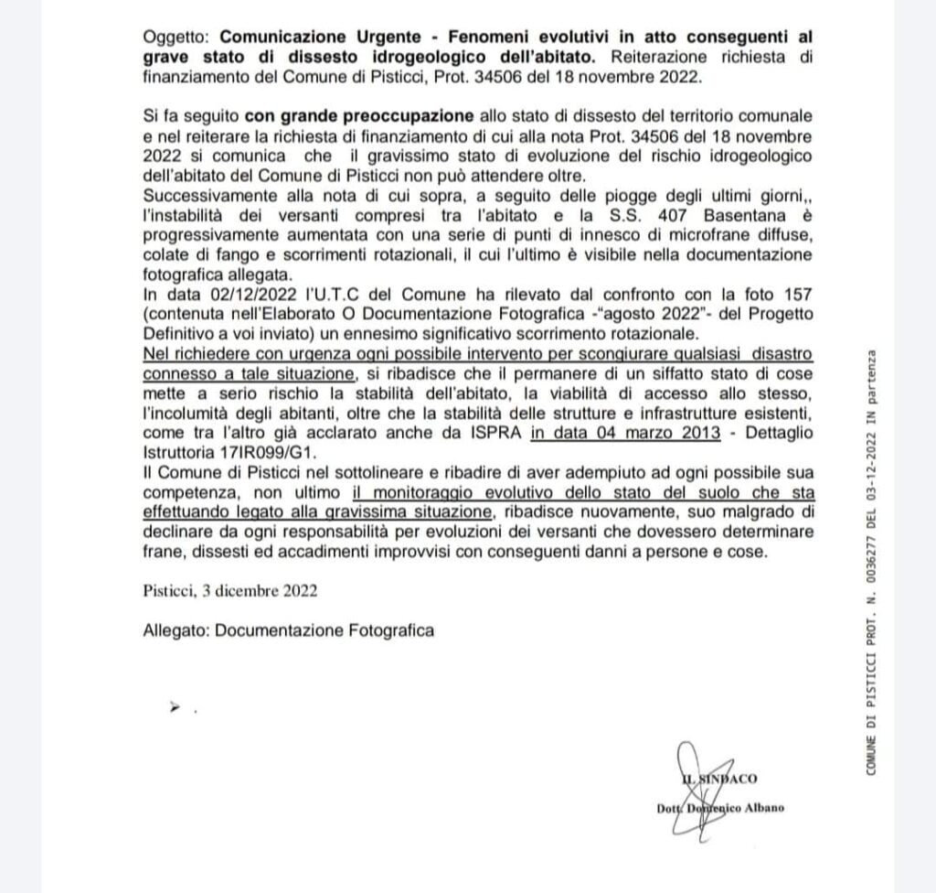 il gravissimo stato di evoluzione del rischio idrogeologico dell’abitato del comune di pisticci non può attendere oltre. 2 fb img 1670060370690 radiolaser news matera potenza puglia basilicata