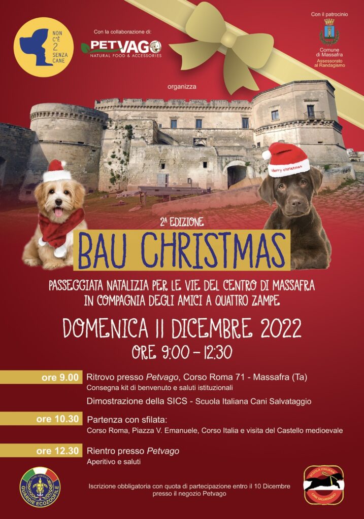 2° edizione bau christmas: passeggiata natalizia con gli amici a 4 zampe per le vie del centro di massafra 2 locandina evento radio laser news matera potenza puglia basilicata