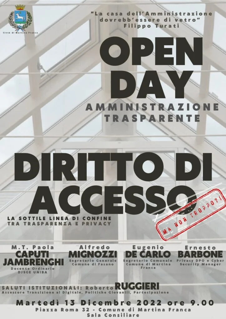 Il Comune di Martina Franca organizza una giornata aperta ai cittadini dedicata all'Amministrazione Trasparente