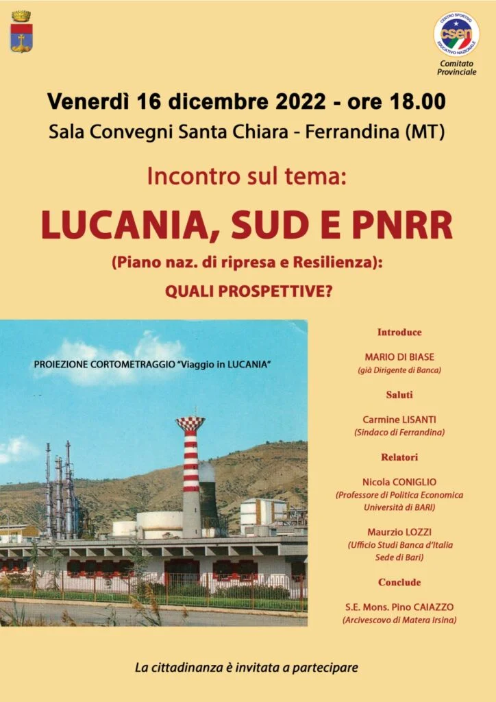 Lucania, Sud e PNRR in un convegno a Ferrandina Venerdì 16 dicembre un confronto a più voci su opportunità e prospettive