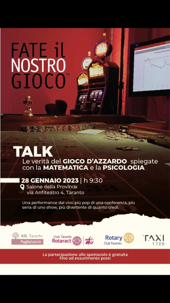<strong>Taranto, 25 gennaio 2023 – Talk “Fate il nostro gioco”: si svolge sabato 28 gennaio l’evento organizzato dal Dipartimento Dipendenze Patologiche di sensibilizzazione e prevenzione del gioco d’azzardo.</strong>