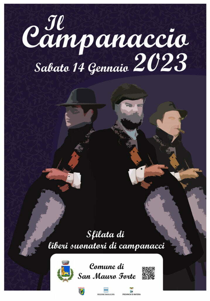 dopo 3 anni di stop per la pandemia suonatori liberi di calcare le vie del paese. san mauro, irrompe il campanaccio. si parte il 13. sabato 14 gennaio grande sfilata e sud sound system in concerto 1 manifesto campanaccio 2023 radiolaser news matera potenza puglia basilicata